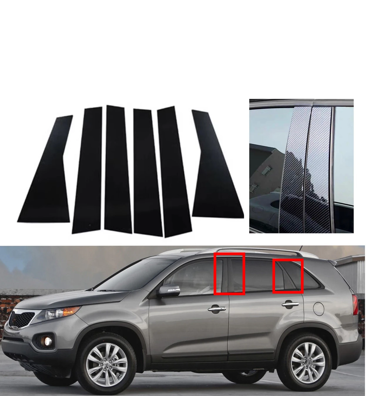 6pcs Silver Carbon Glossy Black Pillar Posts Fit For Kia Sorento 2011 2012 2013 2014 2015 Door Side Decor Window Cover Sitcker