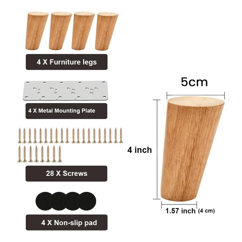 Wood 4 Inch Tapered Furniture Legs Set Of 4 Round Solid Unfinished Mid Century Couch Feet Replacement Legs For Sofa Durable