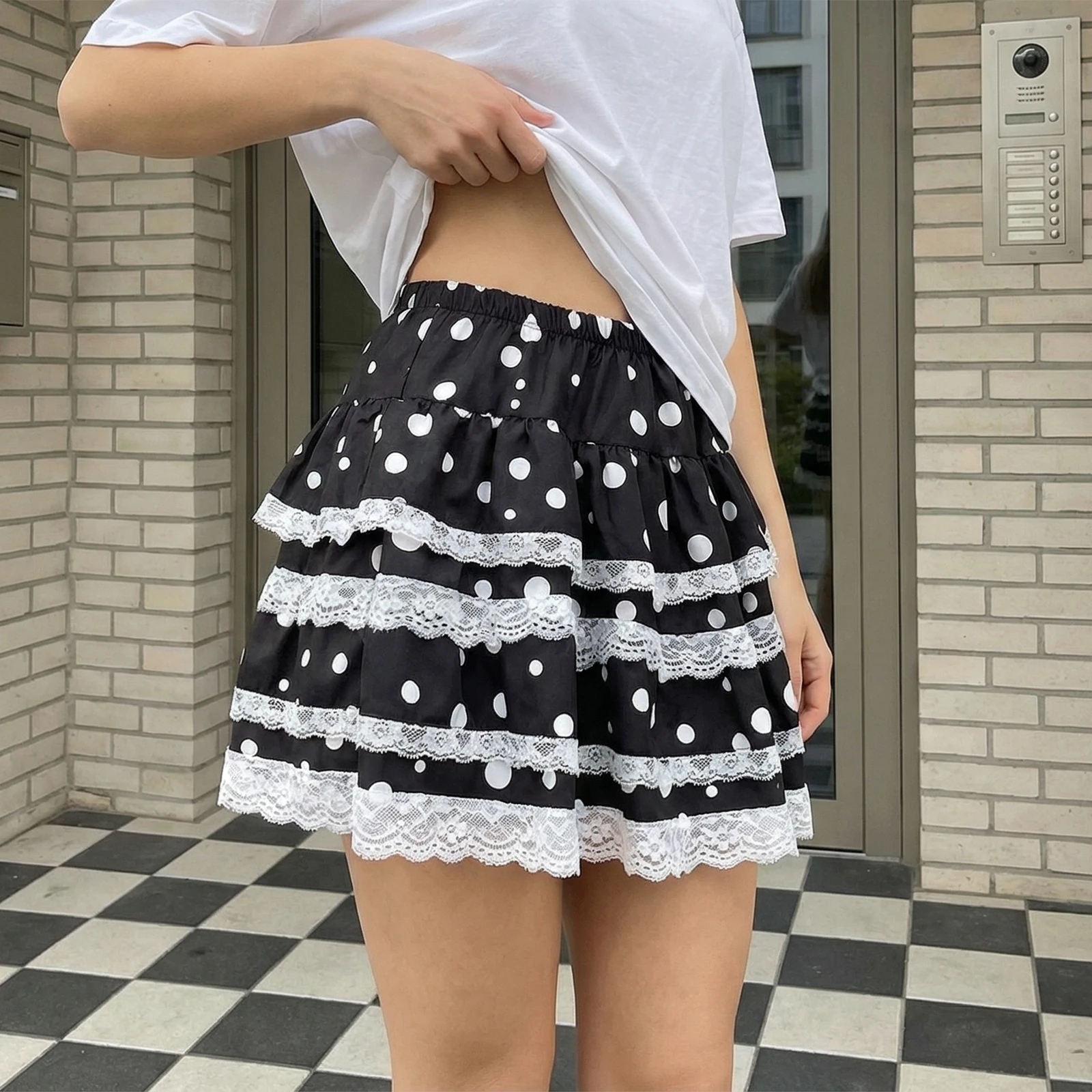 Frauen Minirock Sommer Spitzenbesatz geschichteter Rüschenrock japanische Lolita Gothic Y2K ästhetische Kleidung – Detail 14
