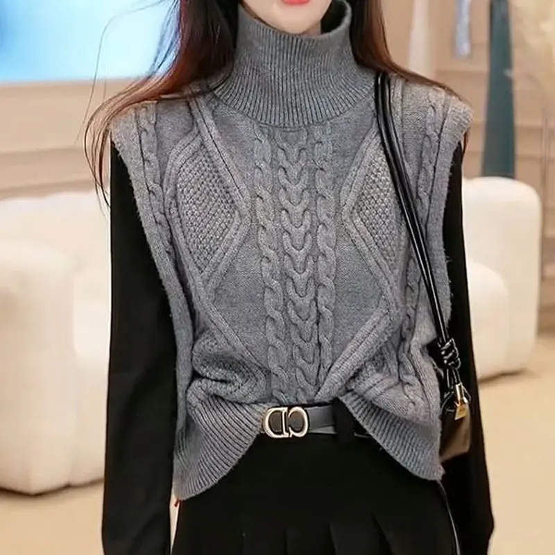 Vintage Casual Turtleneck Sweater Vest Female Clothing All-match Solid Color Autumn Winter Korean Sleeveless Knitted Jumpers New