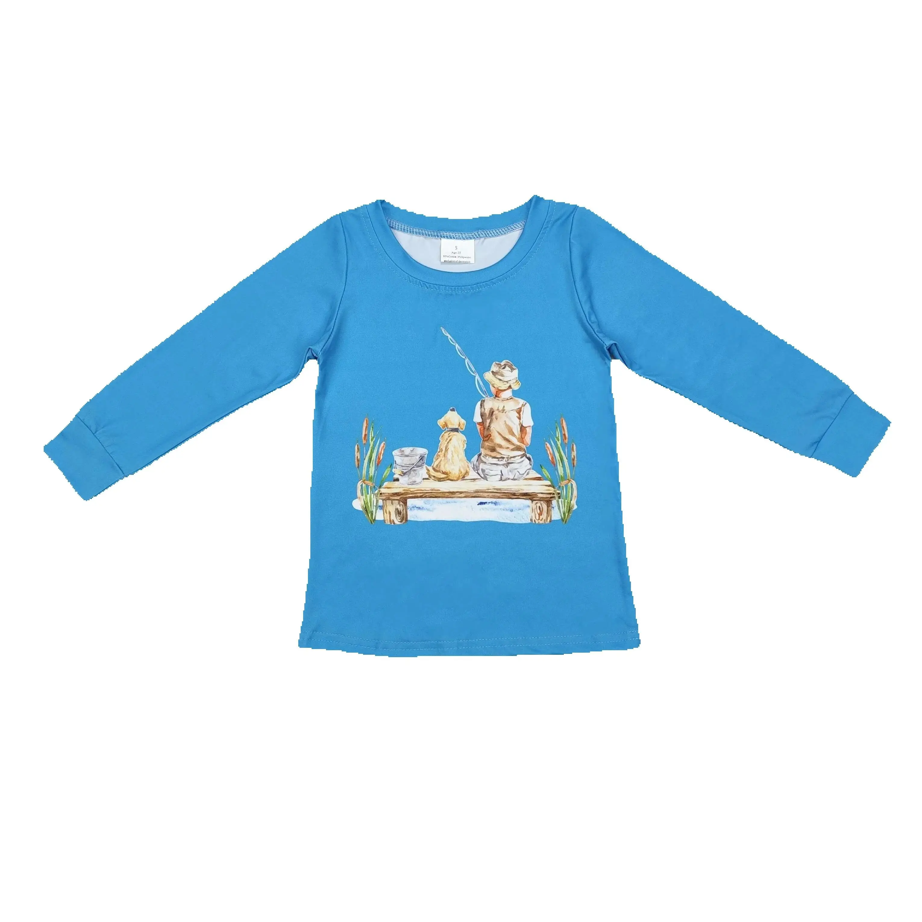 

BT0895 Fashionable Kids Boys Clothing Long Sleeve Puppy fishing blue Print With Children Clothes Rts No Moq