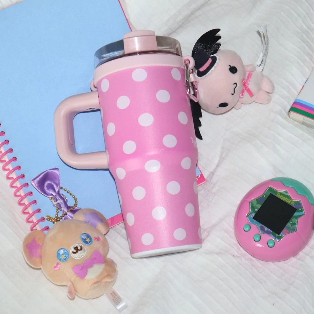 Y2K Retro Millennium Era Pink Polka Dot 410ml Insulation Water Thermos Bottle 304 Stainless Steel Insulated Cup Straw Cup 14oz