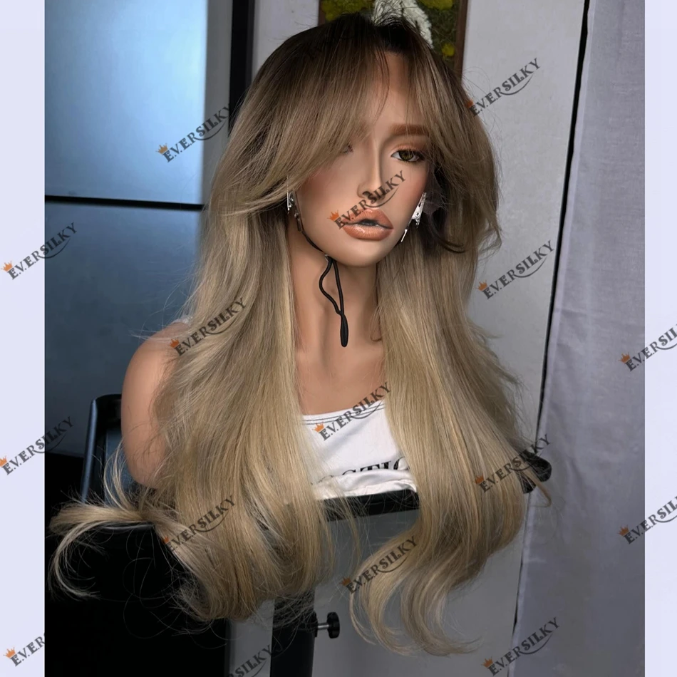 13x6 Transparent Lace Curtain Bangs Human Hair Wig for Women 200Density Dark Root Ash Blonde Brazilian Human Hair Lace Front Wig