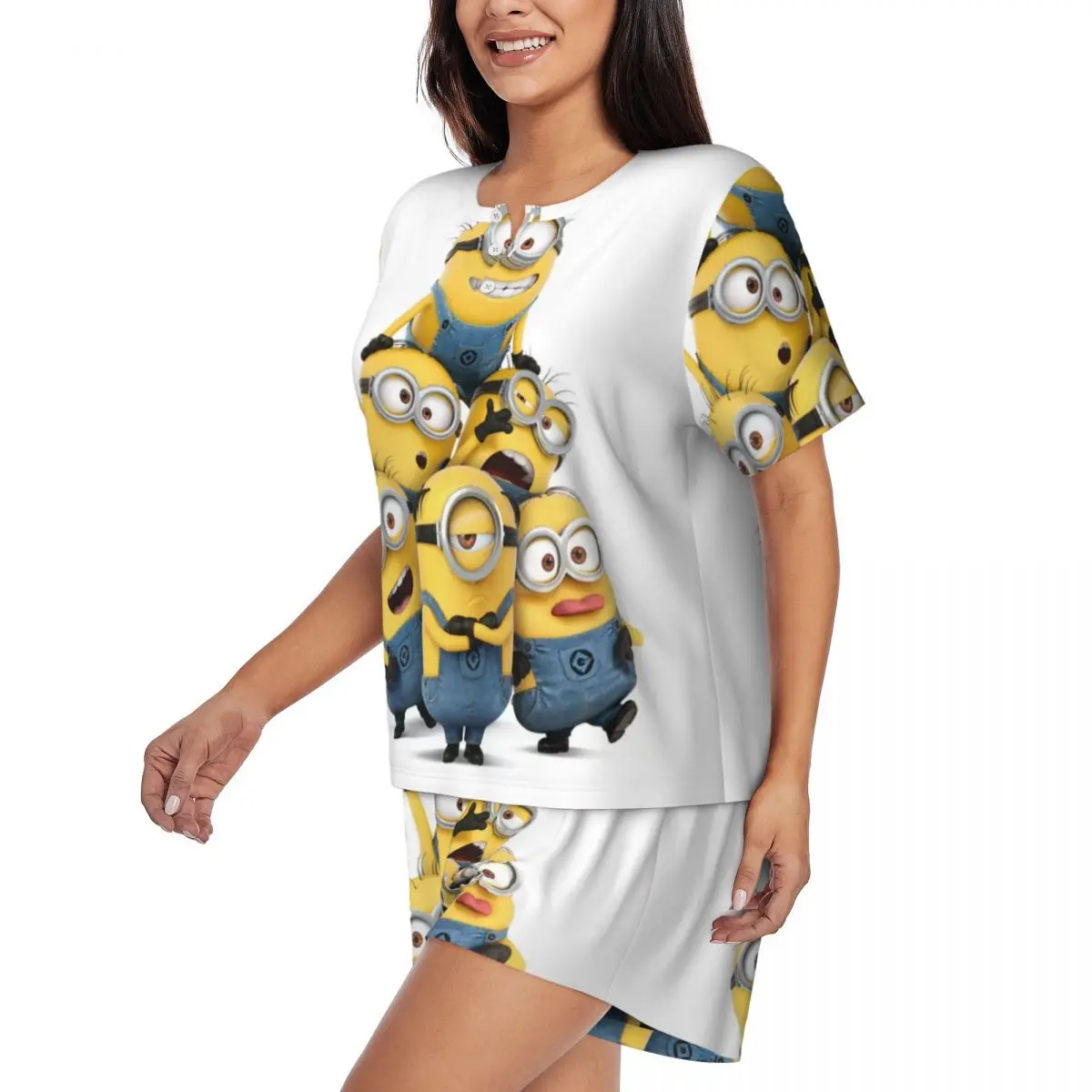 Custom Animated Comedy Movies Minions Pajamas Set Womens Short Sleeve Sleepwear Loungewear 2 Piece Pjs