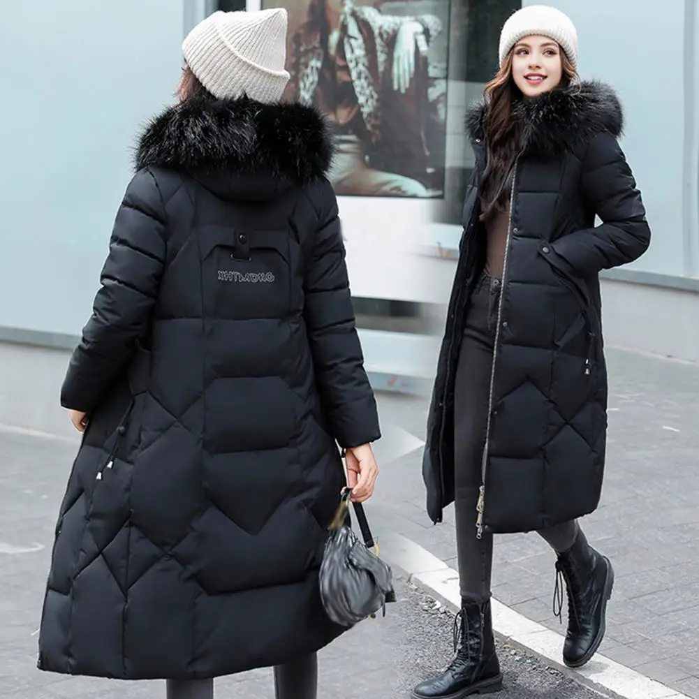 Slim Waist Winter Women Jacket Furry Hood Pockets Zipper Button Closure Cotton Coat Knee Length Mid Length Windproof Warm Coat