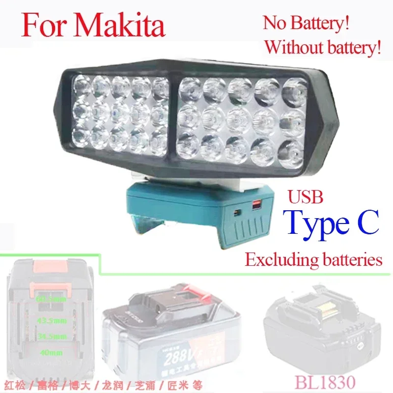 Car 30 LED Work Lamp Light Flashlight Torch Type C USB Power Bank For Makita For DeWalt For Bosch For Milwaukee 18V Battery