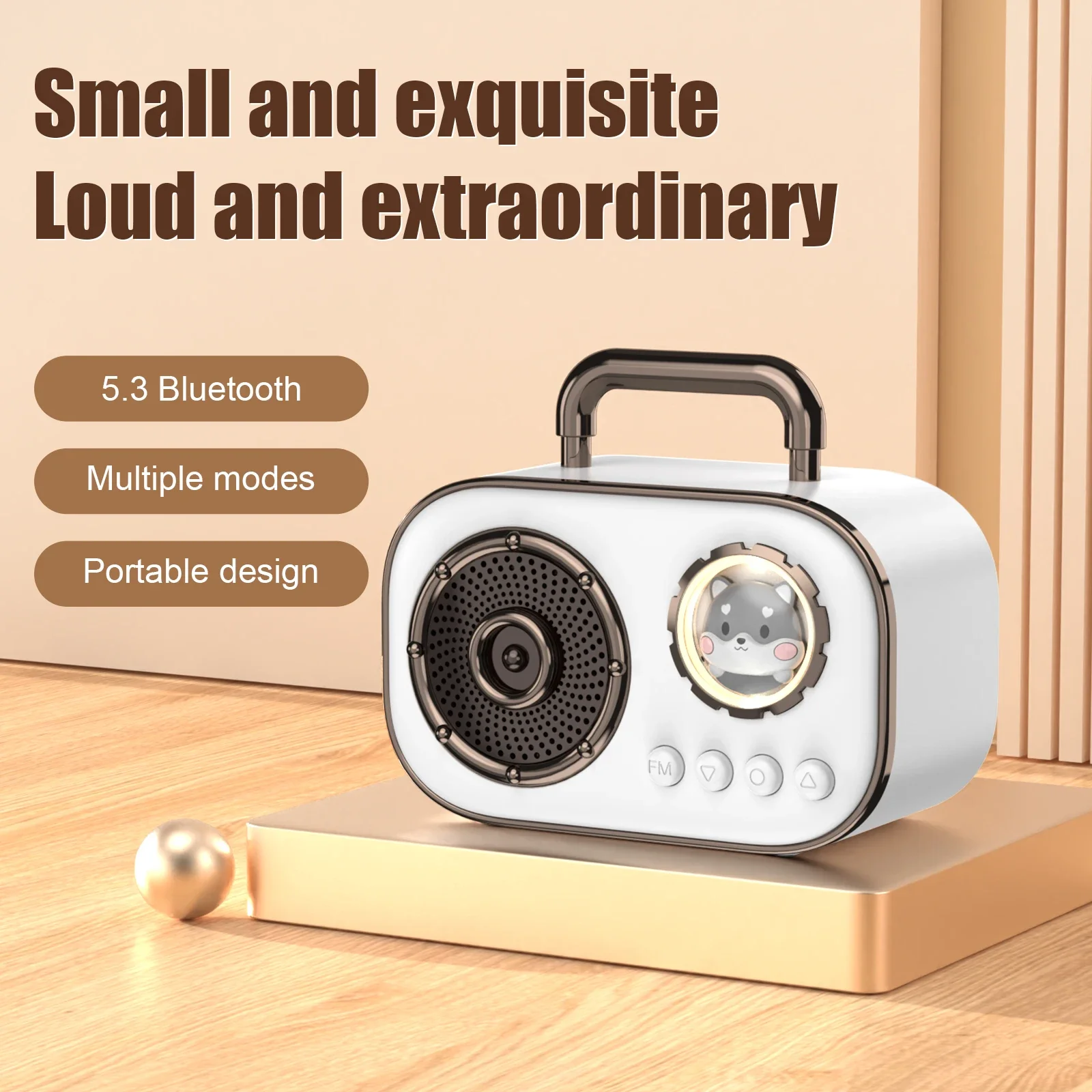 Speaker Bluetooth Mini lucu, Hifi Retro Bluetooth 5.3 Subwoofer kotak suara dengan Radio FM lampu suasana mendukung kartu TF USB AUX