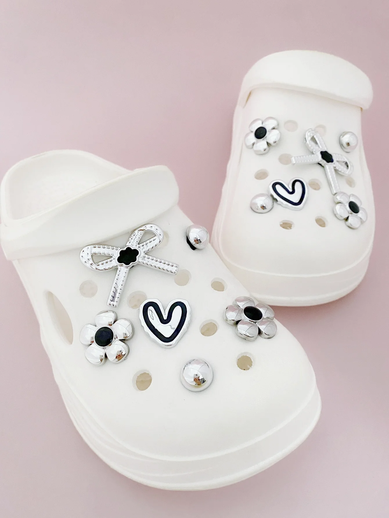 12pcs Detachable Electroplated Silver Bow & Flower Shape Decoration Accessories For Sandals, Slippers And Shoes, DIY Hollow Out