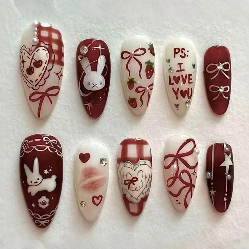 

24pcs Cute Little Rabbit Strawberry Bow Pearl Nail Art Love Sparkling Diamond European and American Ins Style Detachable Wearing Armor