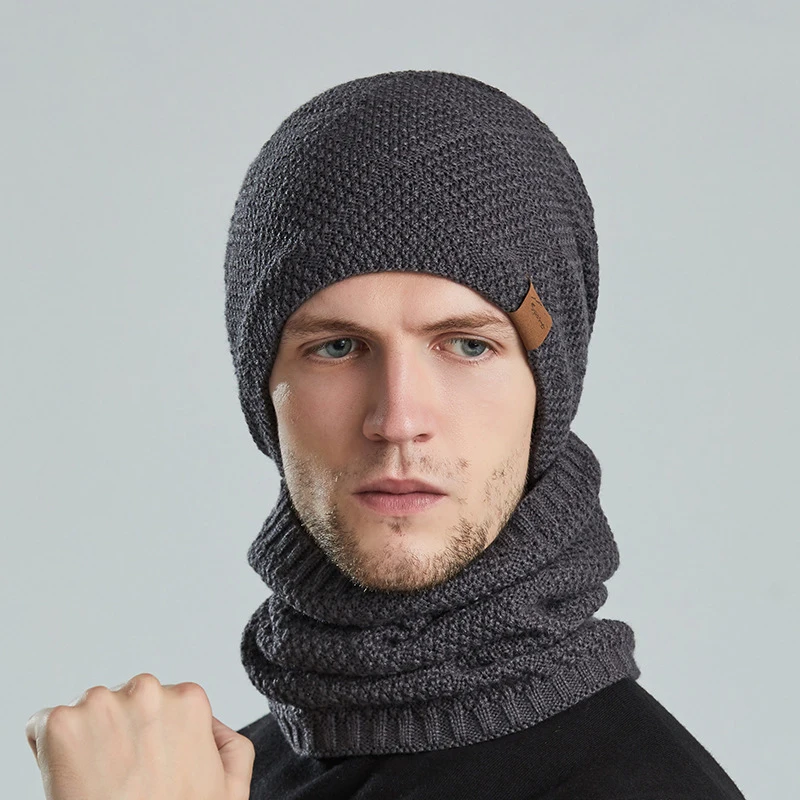 Inverno da uomo Tenere al caldo Beanie Sciarpa Set Fodera in pile Cappello in filato di lana Ghetta per il collo in maglia Semplicemente design scozzese Nave di goccia all'ingrosso