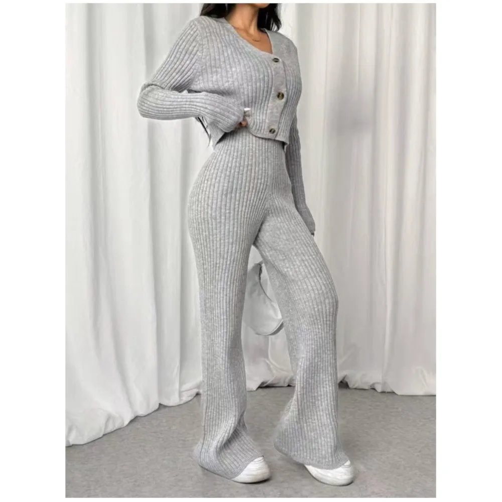 Autumn Solid Color Knitted 2piece Set Women V Neck Short Knitted Cardigan Fashion Flared Long Pants Versatile Casual Ladies Suit