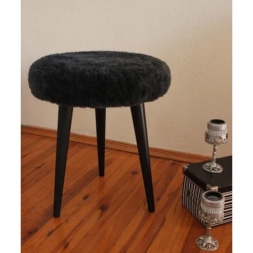 Albatross Anthracite Black Plush Puff Decorative Wooden Foot Stool Bench