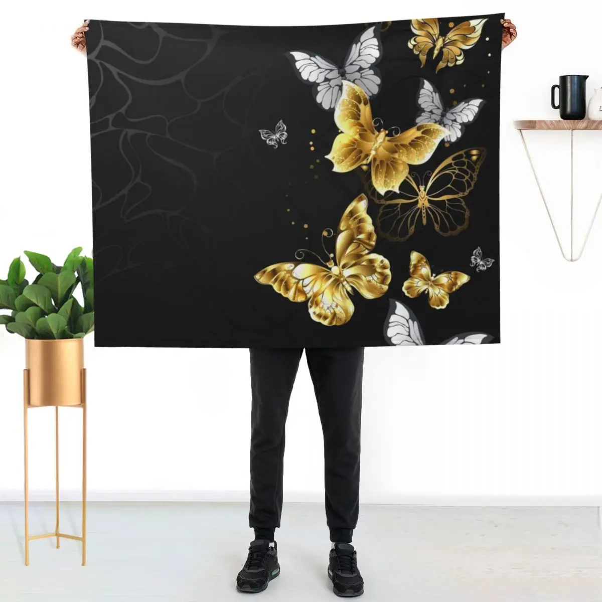 Gold and White Butterflies Throw Blanket Vintage Decorative Sofa Large Weighted Luxury Stuffeds Blankets