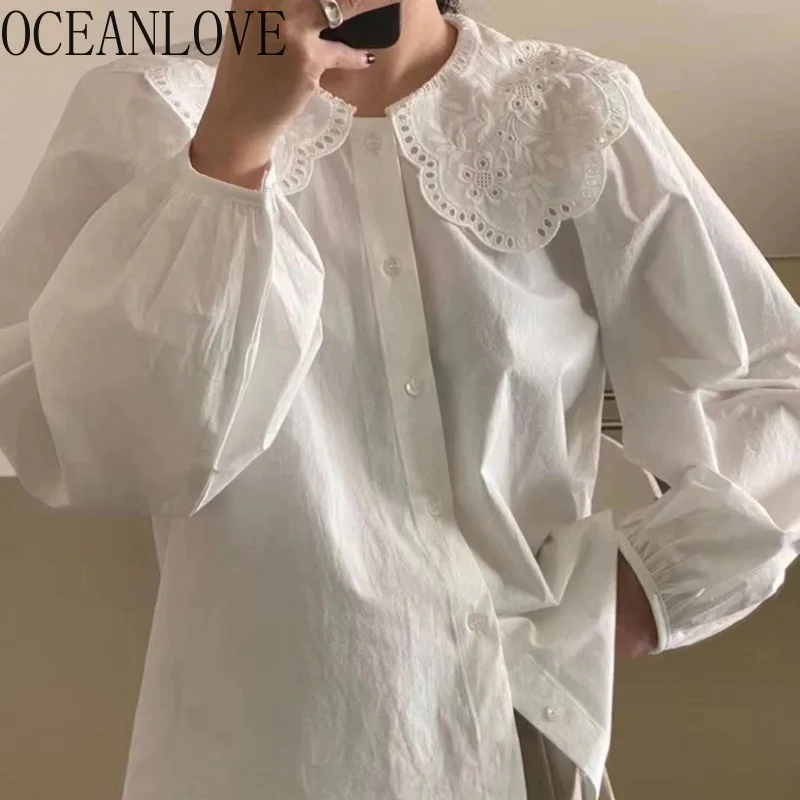 OCEANLOVE Peter Pan Collar Women Shirts&blouses Solid Spring Autumn Korean Fashion Chic Blusas Mujer Simple Loose Camisas