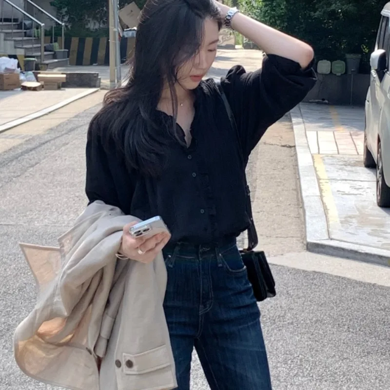 أنيقة المرأة irt خمر لطيف Earlet V-Ne مطوي الملمس الإحساس متوهج Sve أعلى تخفيف Sle طويل Sve