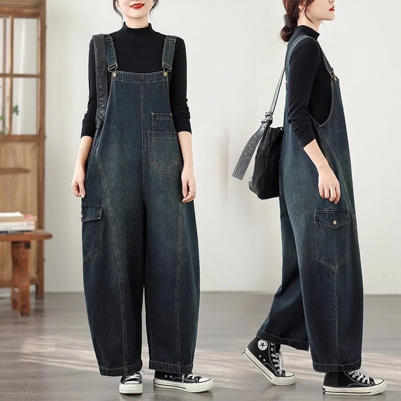 

Винтажный джинсовый комбинезон с широкими штанинами, женский осенний наряд, большой размер, модный свободный повседневный комбинезон, брюки, джинсы на бретелях w1366