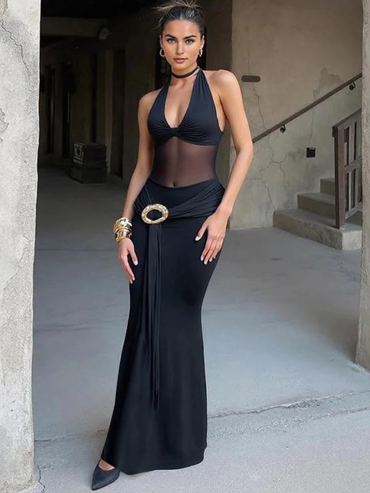 Sisterlinda Anello in metallo Nastro Abito lungo Donna Maglia Patchwork Halter Collo basso Backless Senza maniche Abiti da ballo di mezzanotte