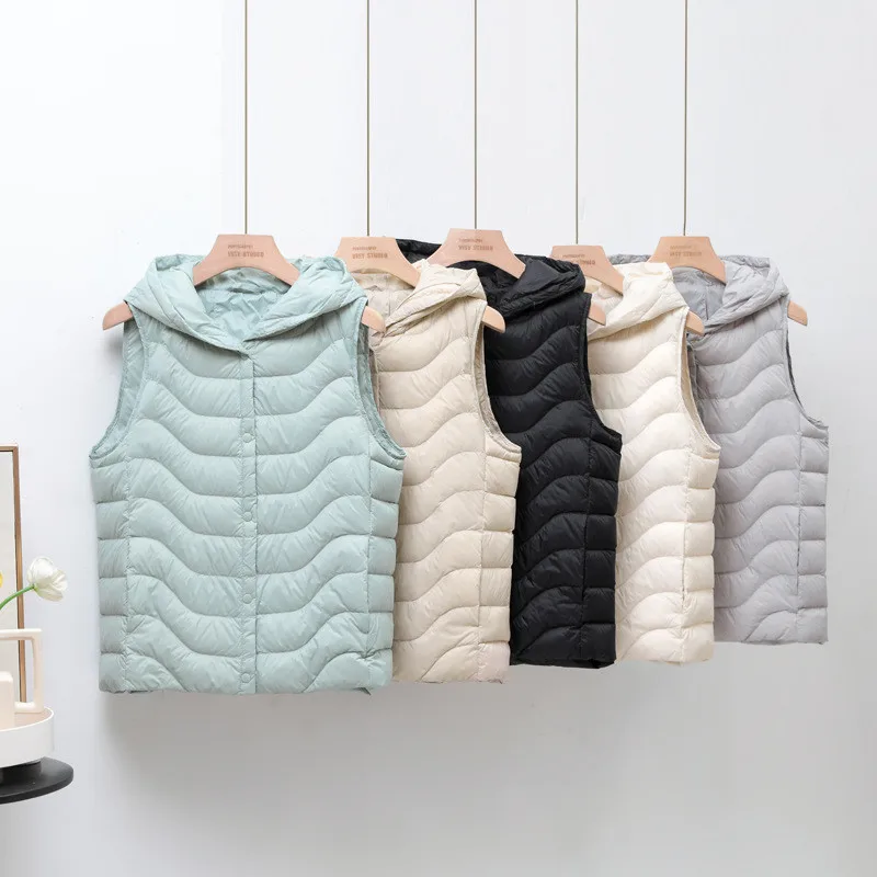 Herbst Winter Frauen Weste Mit Kapuze Jacke Warme Licht Weiße Ente Unten Weste Parkas Weibliche Einreiher Sleeveless Tank Mantel