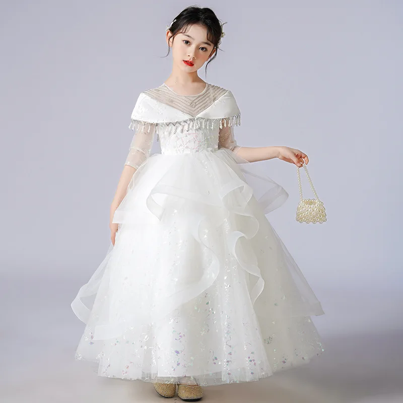 Junior Girls Formal Banquet Dress Teen Girls White Bridesmaid Wedding Dress Girl's Princess Party Ball Gown off Shoulder Tutu