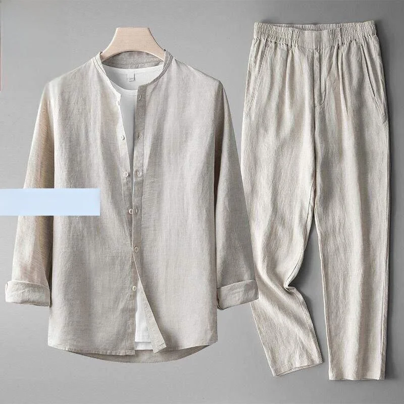 Long Sleeve Linen Cotton Shirt Men's Thin Spring Summer White Pure Color Versatile Stand Collar Business Casual Shirt