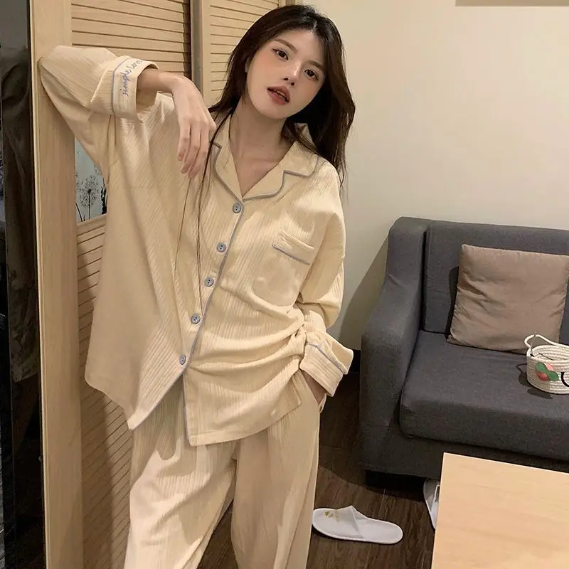 Solid Sleepwear Button Women Pajamas Set Autumn Piiama Korean Fashion Long Sleeve Sets 2 Pieces Night Wears Casual Home Wear New