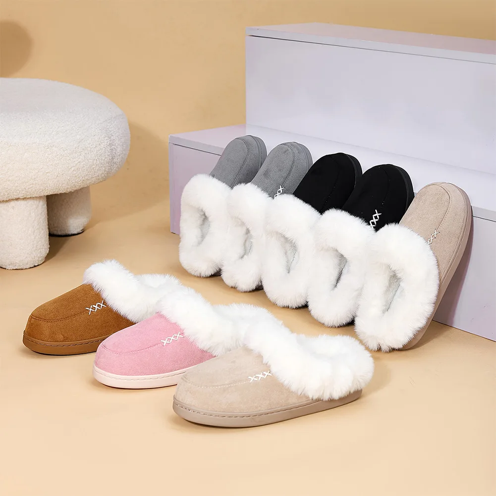 Faux Suede Slippers Fur Lining Slippers Comfortable Fluffy Couple Slippers Lightweight Fuzzy Outdoor Slippers for Indoor Outdoor