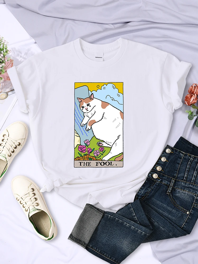 The Fool Sad Cat Meme Print T-Shirt Women Summer Luxury T Shirts Korean Fashion Brand Short Sleeve Street Casual Oversize Tshirt