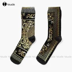 Gold Ornate Baroque Gold Black Greek Meander Socks Mens Soccer Socks Personalized Custom Unisex Adult Teen Youth Socks