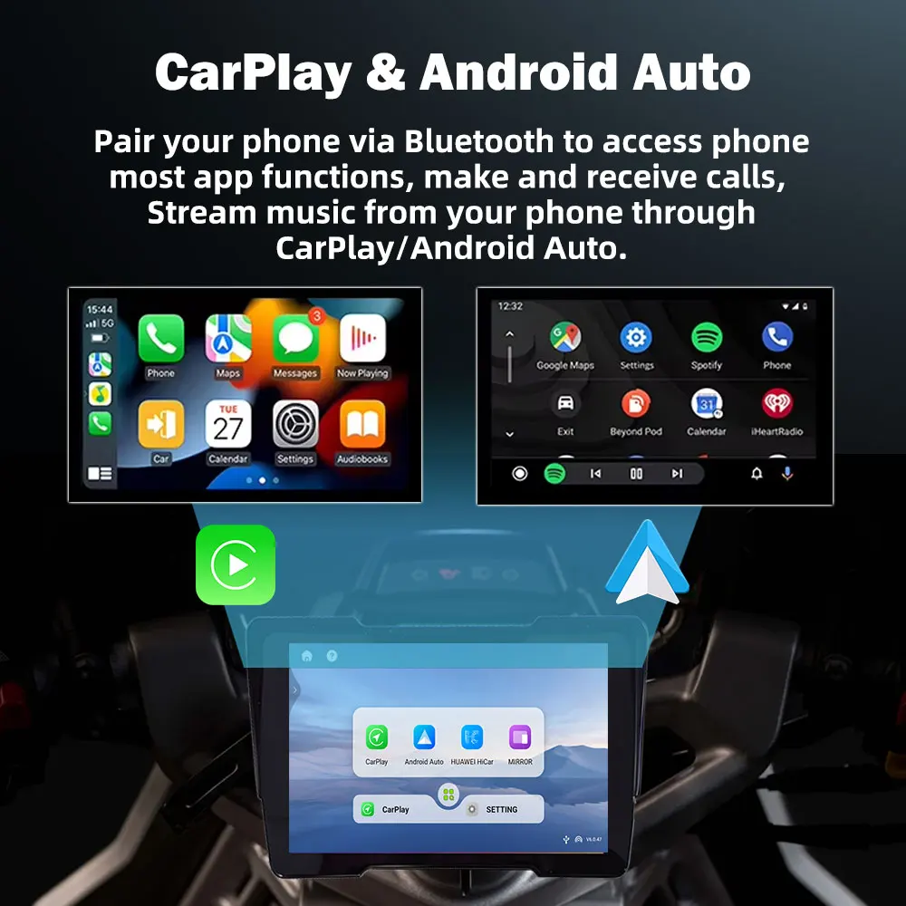 Android 12 Motorcycle CarPlay Android Auto IP67 Waterproof Display Screen Navigation GPS TPMS DVR A133 Chip Portable Monitor