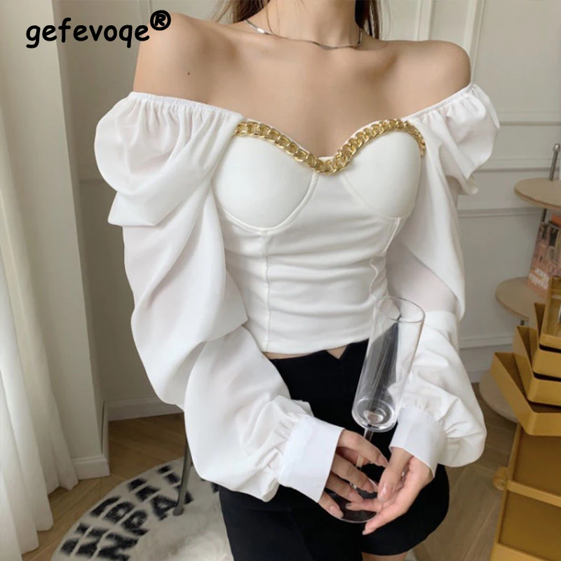 Women Clothing Autumn Stylish Sexy Off Shoulder Chain Chic Blouses Elegant Square Collar Long Sleeve Shirts Solid Slim Crop Tops