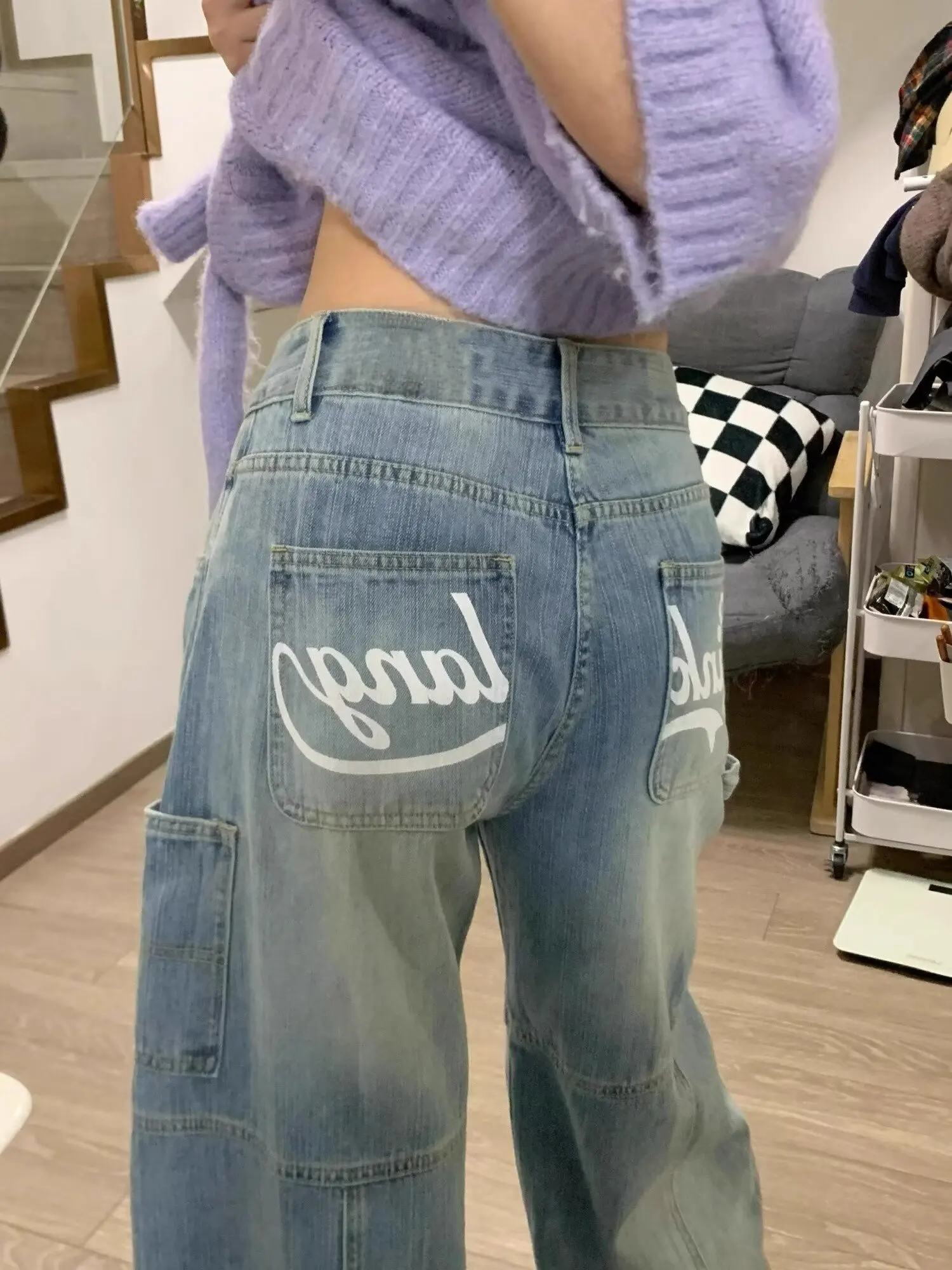 

Bamboo Knot Pattern Spring Blue Jeans Women Y2K Vintage High Waisted Jeans Straight Streetwear Loose Large Wide Leg Denim Pants