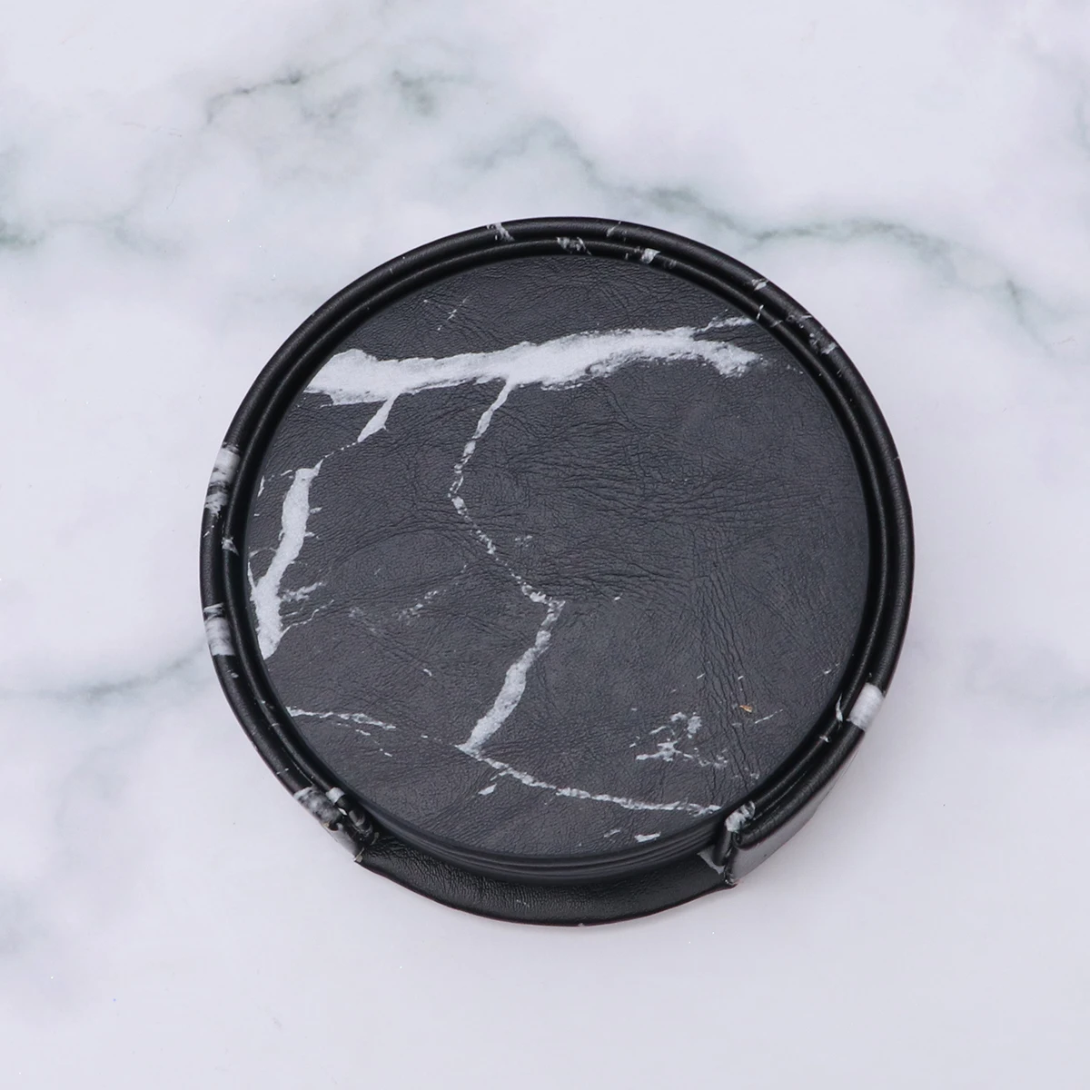 

6 Coasters Set Black PU Cup Mats Non Slip Heat Resistant Waterproof Table Protection Decor