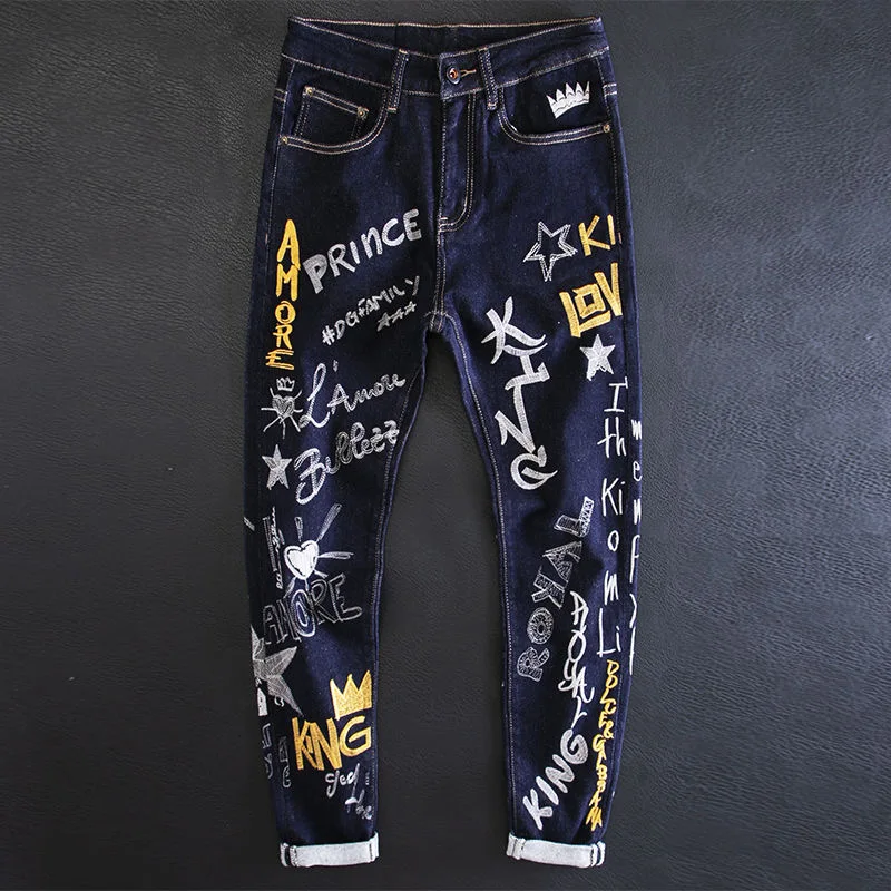 2023 Spring and Autumn New Fashion Printed Embroidery Elastic Small Foot Pants Men Casual Slim Comfortable High Quality Jeans