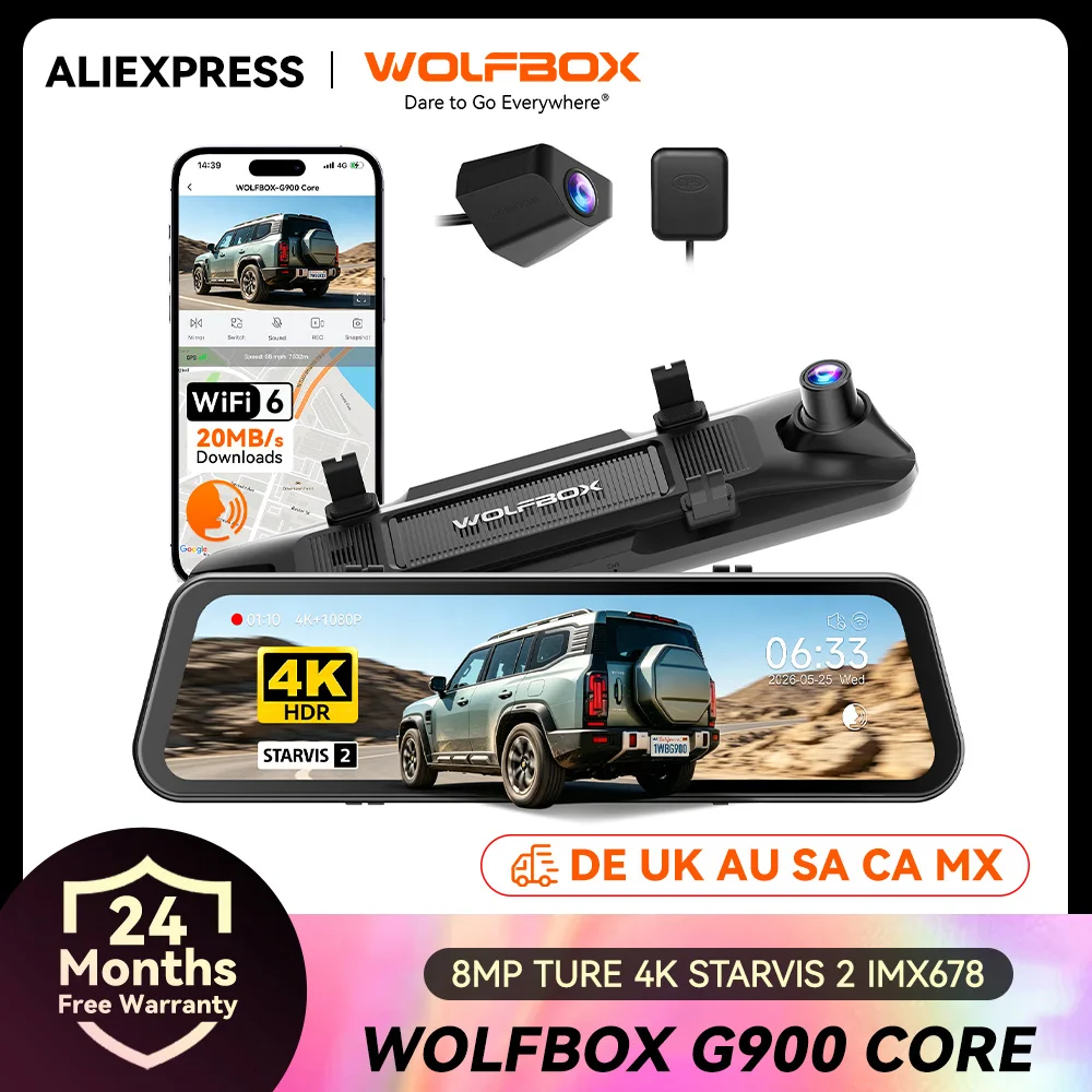 WOLFBOX G900Core 12" 4K+1080P Spiegel-Dashcam, 8MP STARVIS 2 IMX678 Nachtsicht, Eingebautes 5,8GHz WiFi 6, Sprachsteuerung, Dual HDR