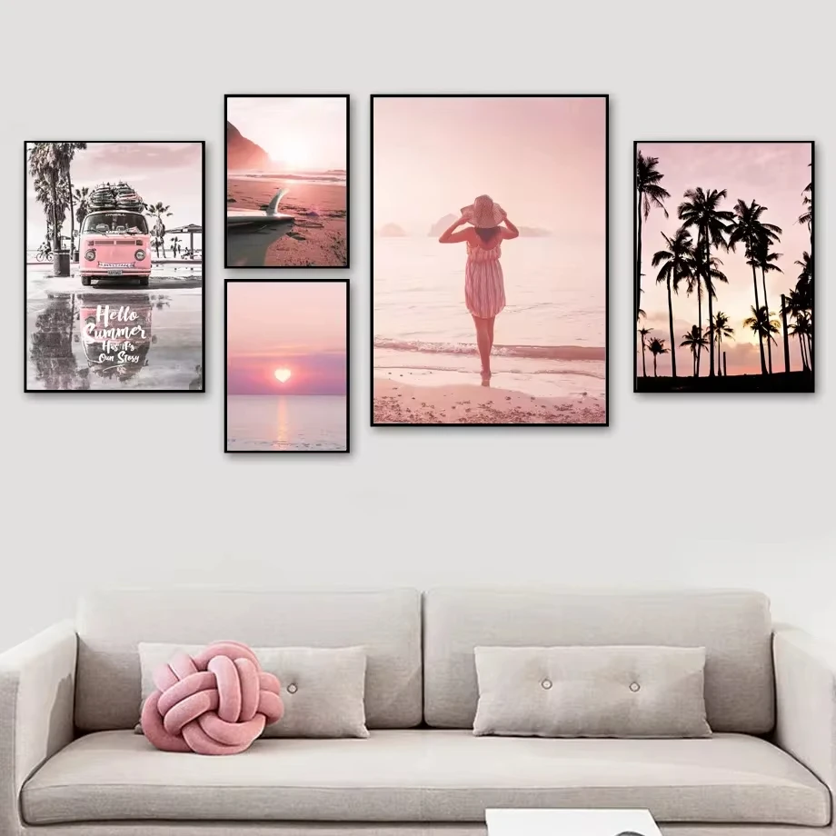 Pink Sunset Beach Coconut Trees Surfboard Wall Art Canvas Painting Nordic Posters and Prints Living Room Home Decoration Murals