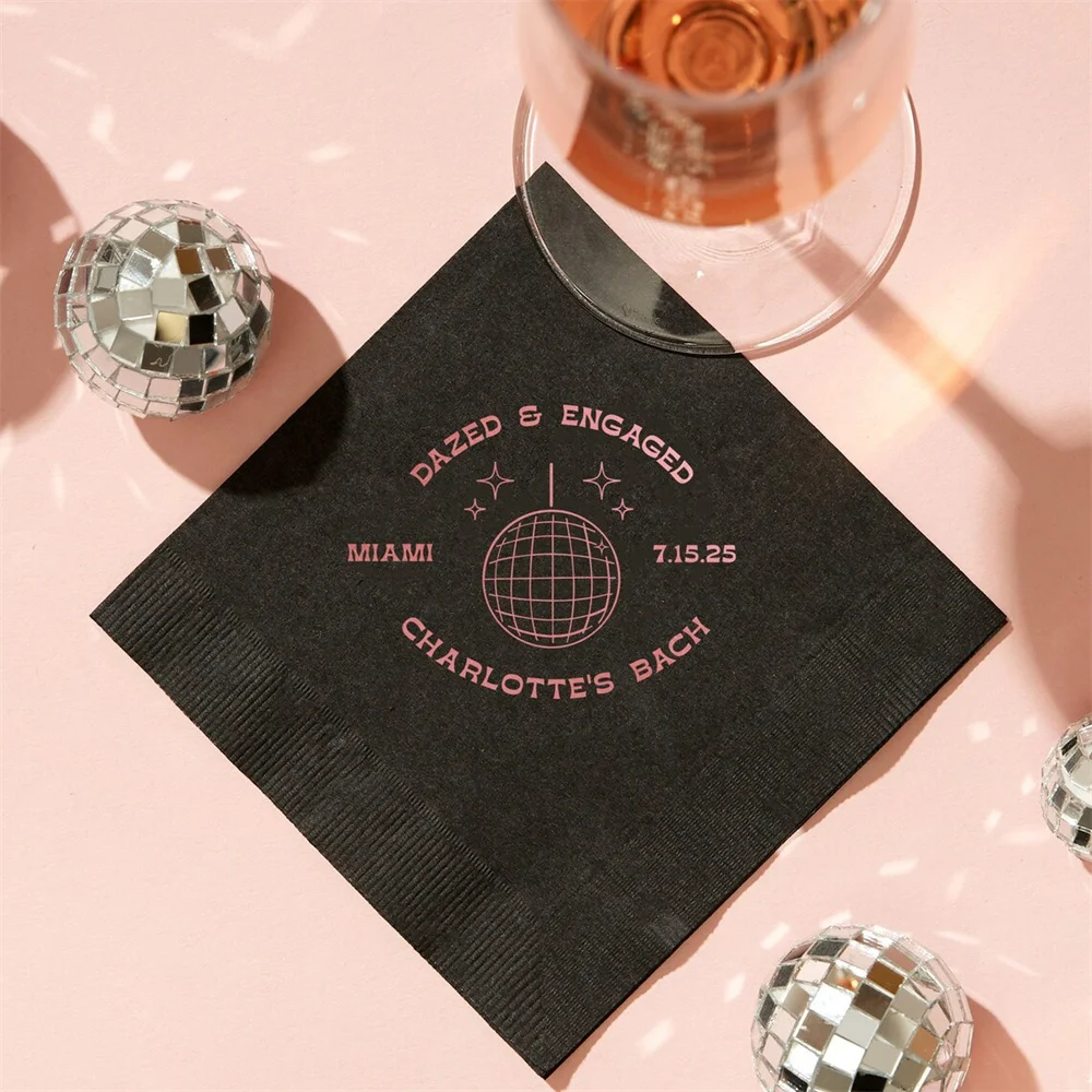 

50PCS Dazed And Engaged Bachelorette Napkin - Personalized Custom Printed Cocktail Napkin, Disco Party, Destination Bachelorette