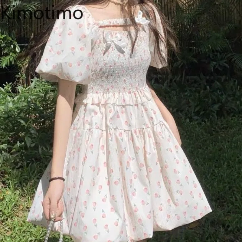

Kimotimo Sweet Floral Bud Dress Women Summer Square Collar Folds Waist Slim A-line Mini Dresses Puff Sleeve Y2k Beach Vestidos
