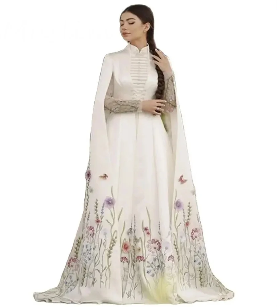 Ingush Malay Boho Embroidery Wedding Dress Elegant Georgian Circassian Long Sleeve Bride Dress Muslimah Paskistani Civil Bridal