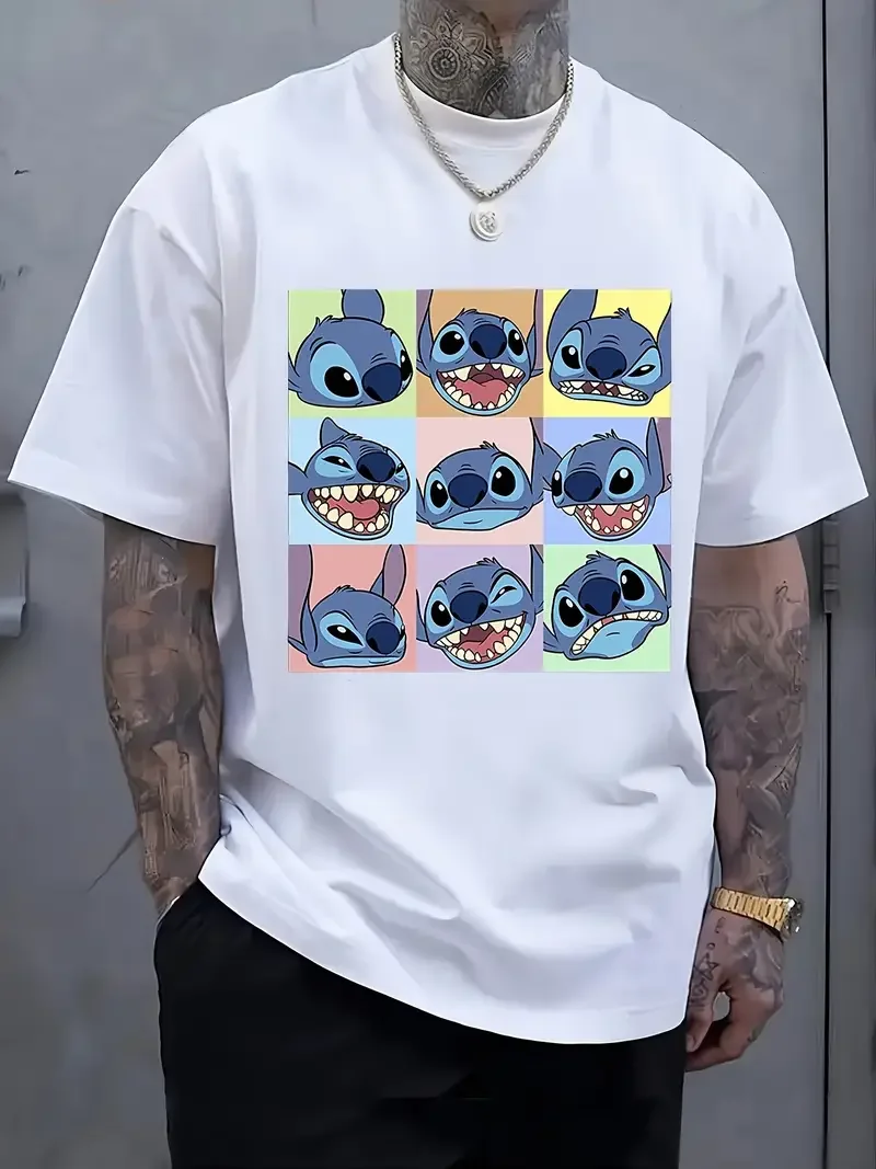 

2025 Men's T-Shirt Cartoon Character Disney Stitch Summer Cotton Women Top Tee Streetwear Casual Trendy Oversized Couple Unisex
