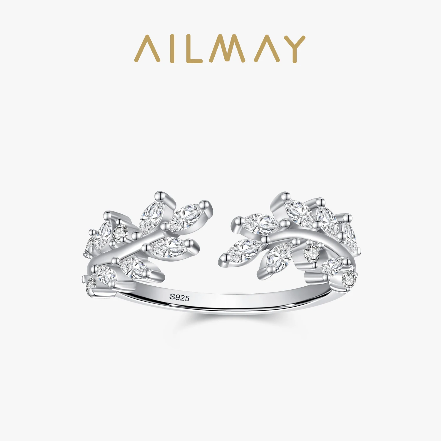 Ailmay Top Quality 925 Sterling Silver Charm Leaf Dazzling CZ Adjustable Finger Rings For Women Trendy Wedding Christmas Gifts