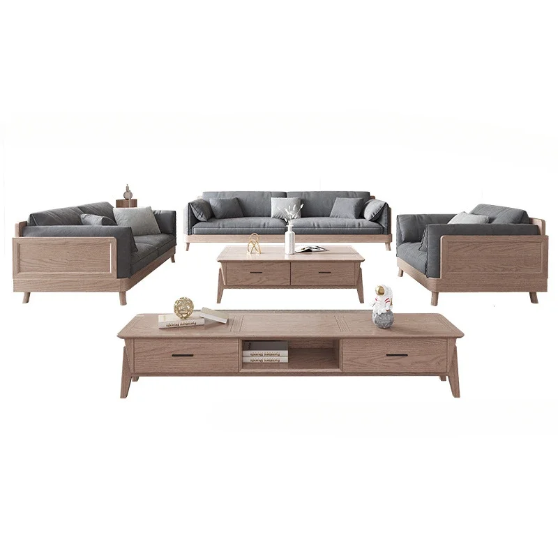 

All solid wood sofa living room combination modern simple small apartment wabi sandy wind fabric log furniture