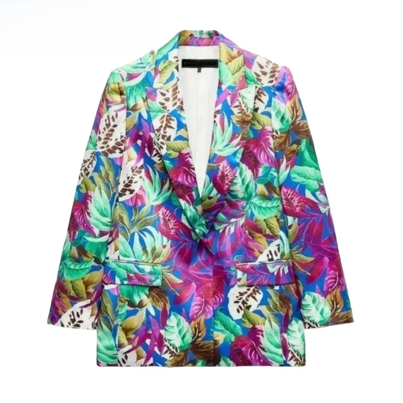 

High Waist Silk Suit Straight Leg Long Pants Women's Faion Autumn Collection Turn-down Collar Long Sve Tropical Print