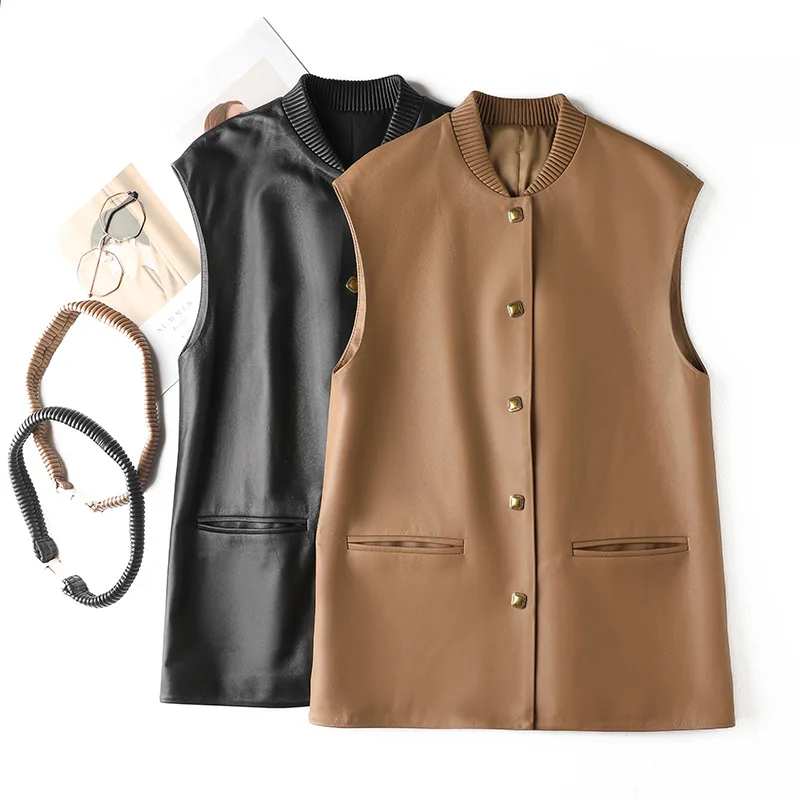 Women\'s Belted Genuine Leather Vest New Fashion Leather Waistcoat Lady Sheepskin Gilet Outerwear with Waistbelt TF3771