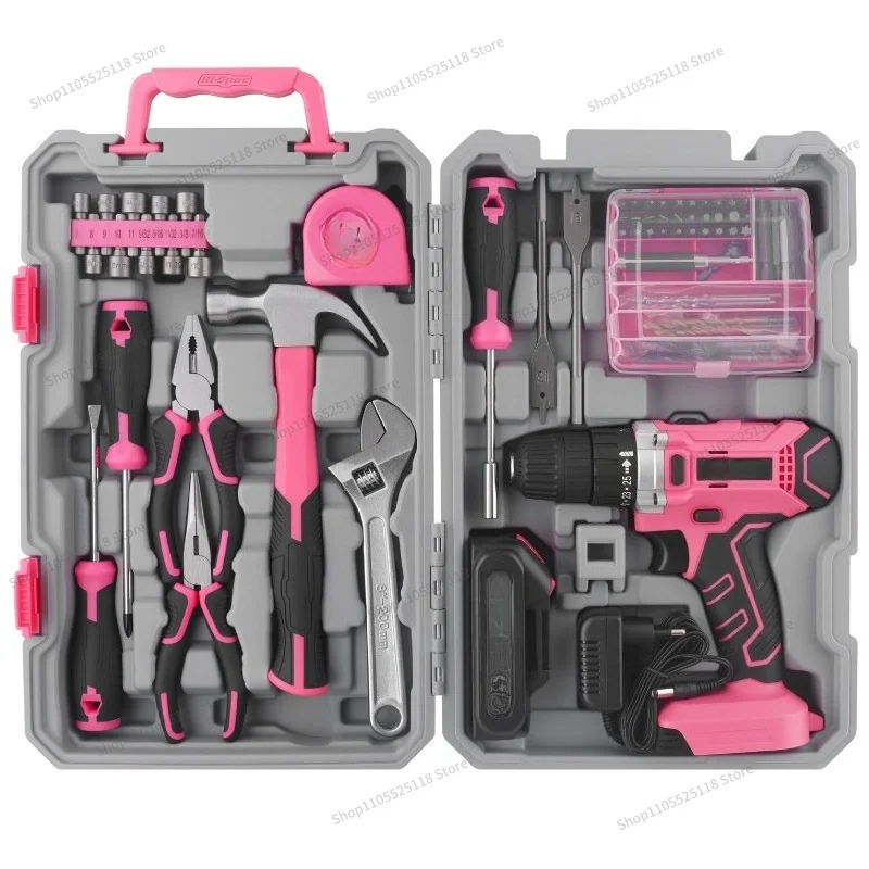 For Multifunctional Electric Drill Set, Household Screwdriver, Rechargeable Electric Batch Pistol Drill Hardware Pink Toolbox