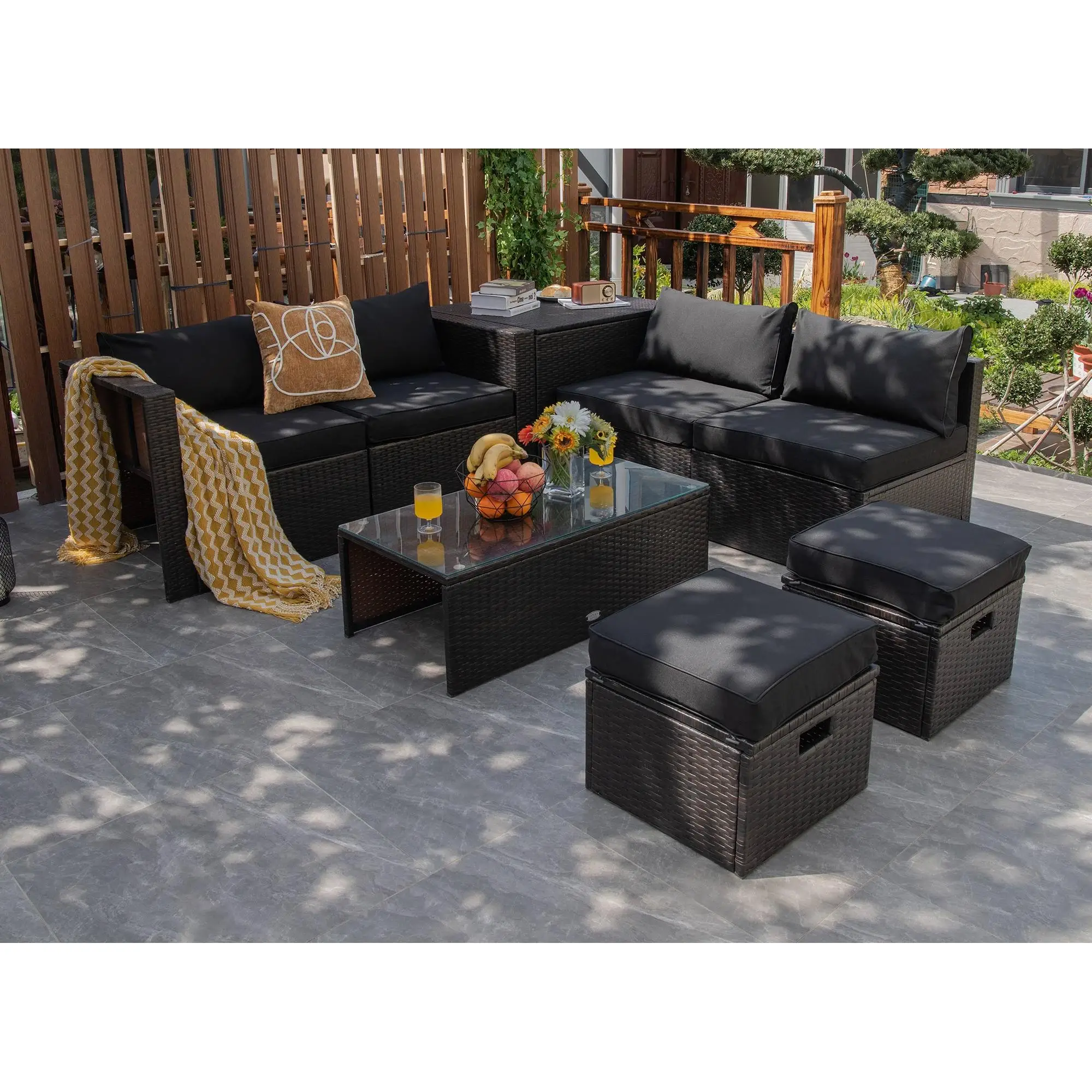 8PCS Patio Rattan Furniture Set Space-Saving Storage Cushion Black cover