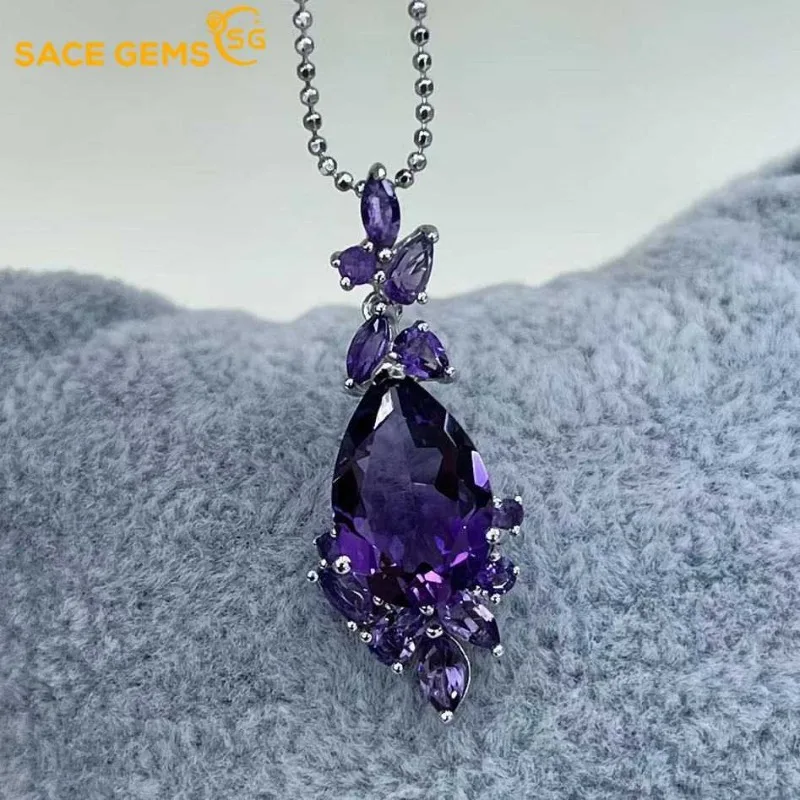 SACEGEMS 925Sterling Silver Certified 10*15MM Natual Amethyst Pendant Necklaces for Womne Engagement Cocktail Party Fine Jewelry