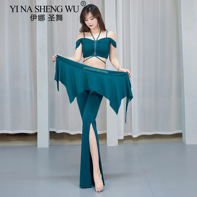 

Профессиональный костюм для танца живота для женщин, сетчатый топ с короткими рукавами, расклешенные брюки с разрезом для девочек, одежда для восточного танца живота