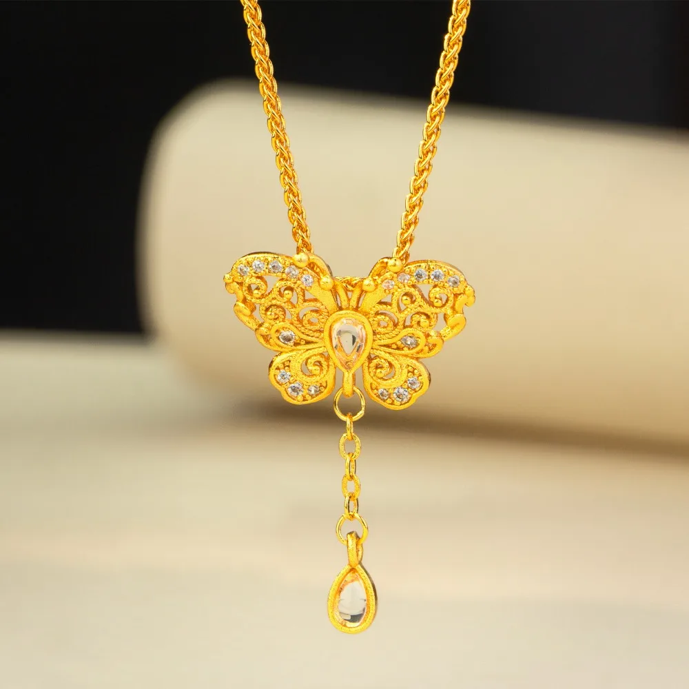 Tassel flower silk inlay diamond butterfly pendant female sweet senior sense hollow necklace 9999gold