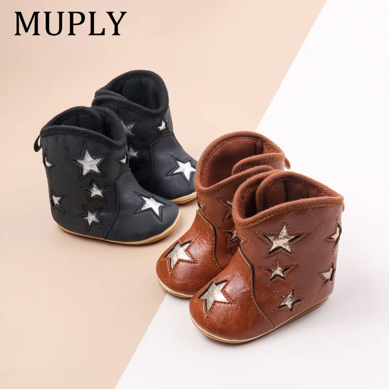 

Casual Baby Girls Boys Boots Retro PU Leather Soft Sole Non-Slip Crib Shoes Embroidered Infant Boot Baby Walking Shoes