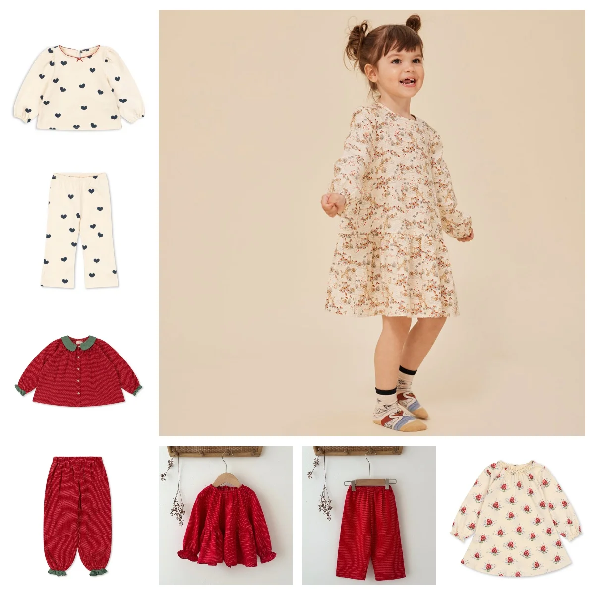Autumn Winter Kids Clothing Ks Style Long Sleeve Long Pants Strawberry Home Set Swan Dress Girls Love Heart Pattern